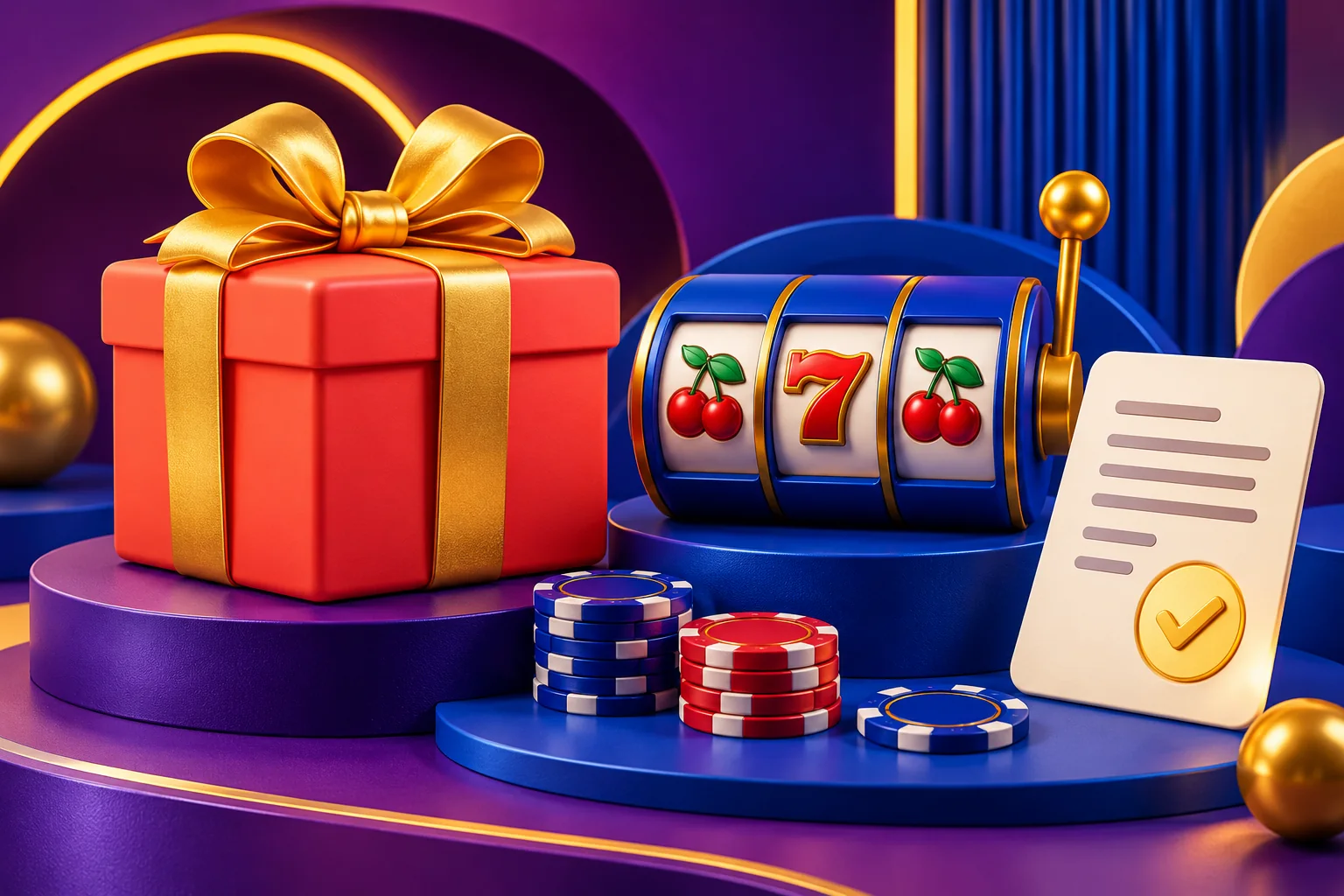 Gaveæske, spillehjul og bonusvilkår illustrerer forskellige casino velkomstbonusser til nye spillere
